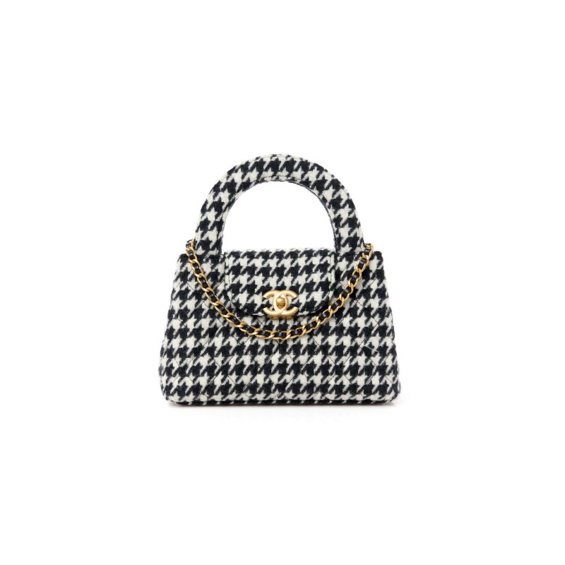 (image for) CHANEL TWEED HOUNDSTOOTH QUILTED NANO KELLY SHOPPER BLACK WHITE 1523860 (20*13*6cm)