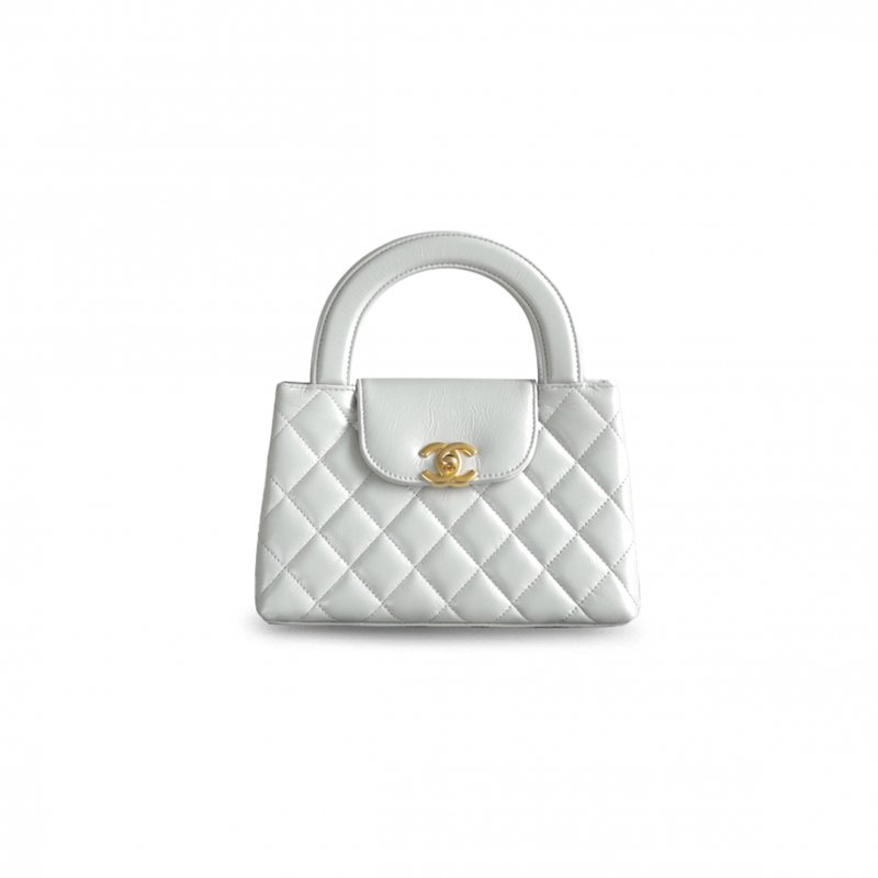 (image for) CHANEL KELLY SHOPPER MILK GRAY GLOSSY DISTRESSED CALFSKIN BRUSHED GOLD HARDWARE AS4416 (19*13*7cm)