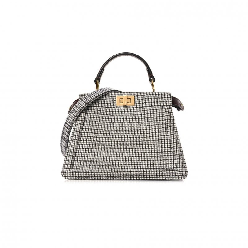 (image for) FENDI WOOL FABRIC JACQUARD CUOIO SMALL HOUNDSTOOTH FF 1974 PETITE PEEKABOO I SEE U SATCHEL GRIGIO ANTHRACITE (20*15*11cm)