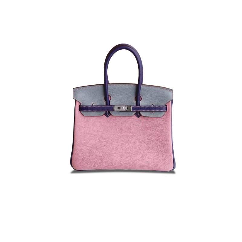 (image for) HERMÈS BIRKIN 25 TOGO LEATHER LINEN BLUE SWALLOWTAIL PURPLE MILKSHAKE PINK SILVER BUCKLE BAG H028365CC08 (25*20*13cm)