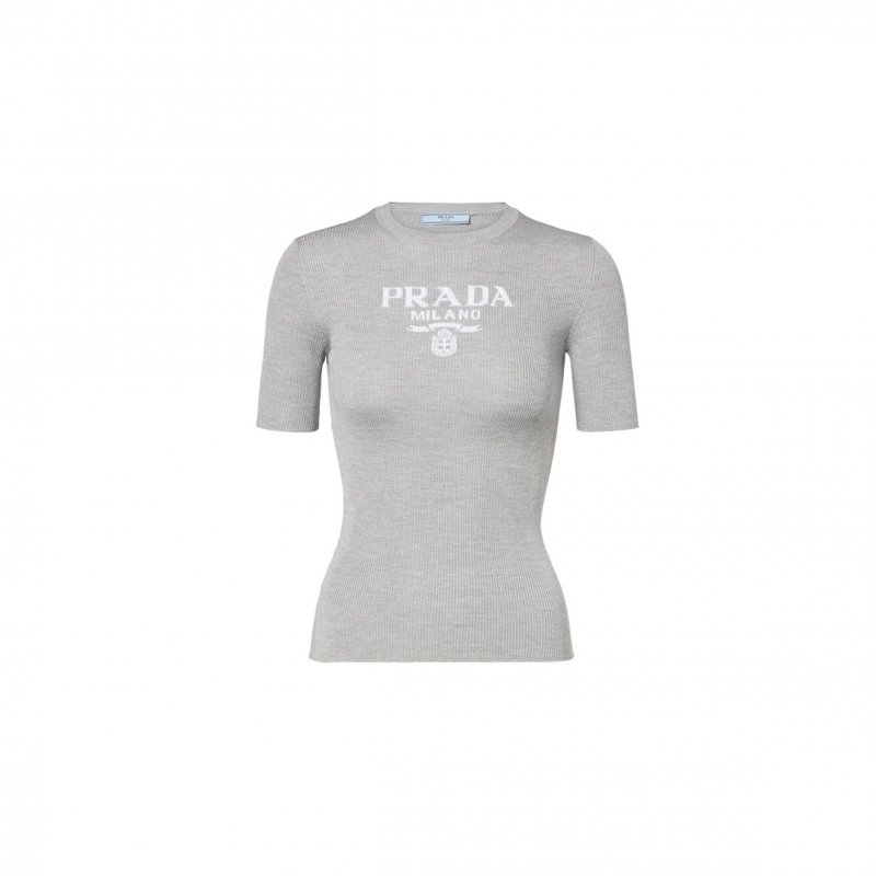 (image for) PRADA WOMEN'S GRAY LOGO RIBBED-TRIM SILK T-SHIRT